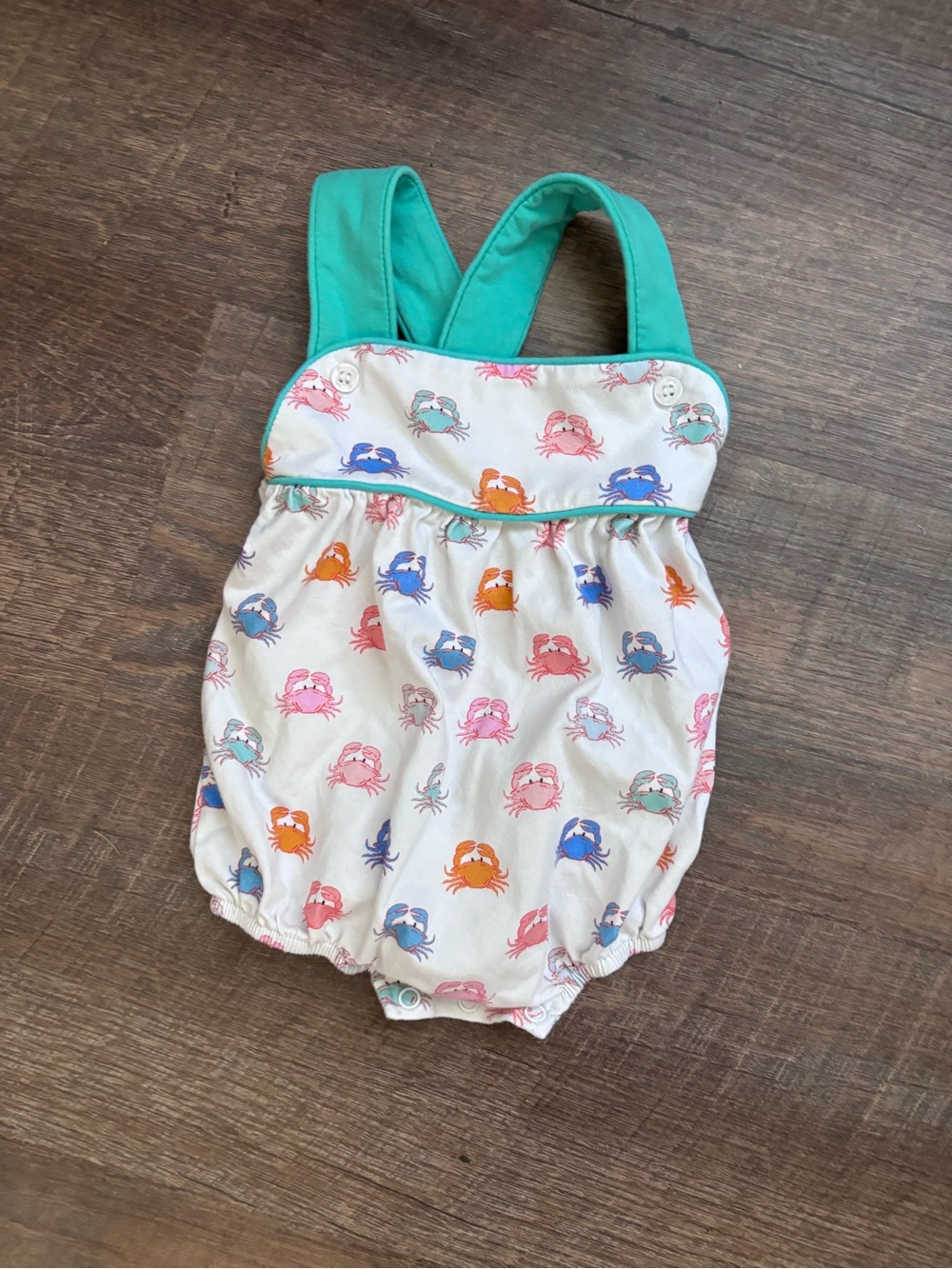 Cypress Row - 9M Crab-Print Bubble Romper in Teal and Multicolor